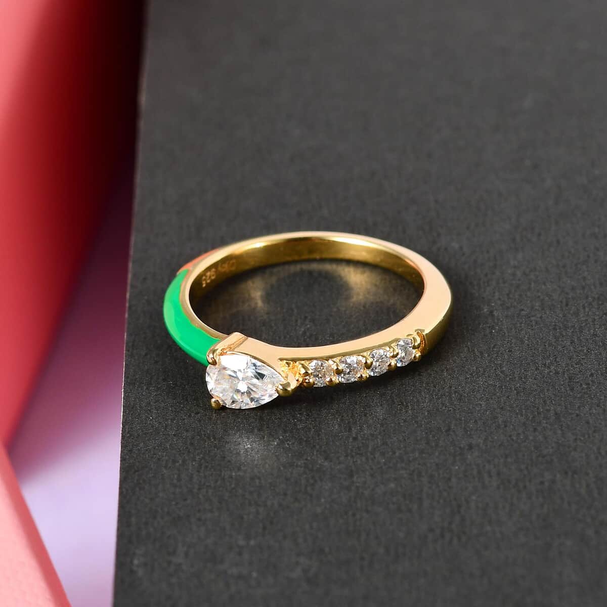 Pear Shaped Moissanite and Half Green Enameled Band Ring in Vermeil Yellow Gold Over Sterling Silver (Size 9.0) 0.55 ctw image number 1