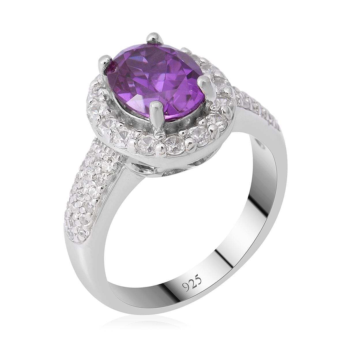 Lab Created Alexandrite and White Zircon Halo Ring in Platinum Over Sterling Silver (Size 8.0) 3.70 ctw image number 2