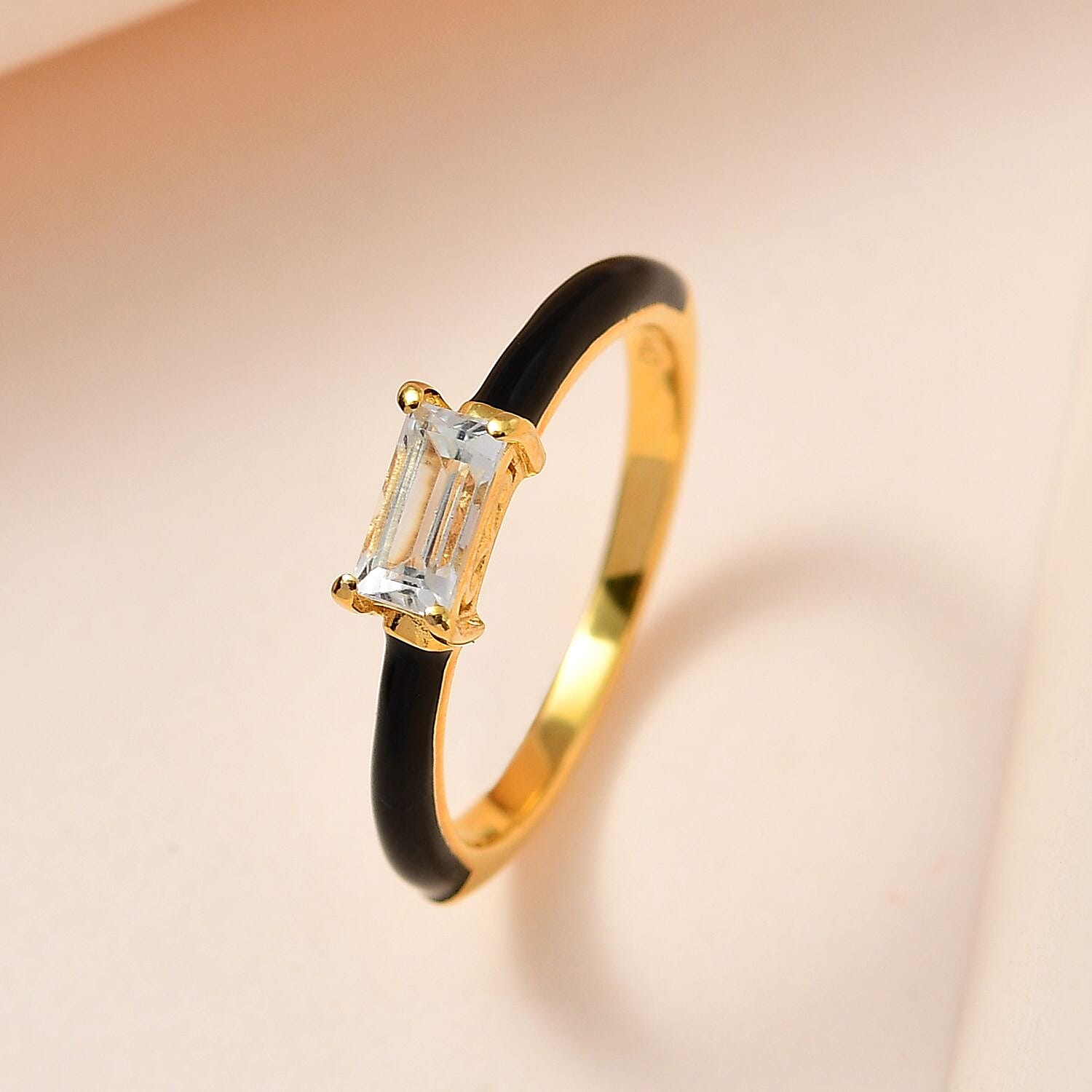 Premium White Topaz and Black Enameled Ring in Vermeil Yellow Gold Over Sterling Silver (Size 6.0) 0.50 ctw