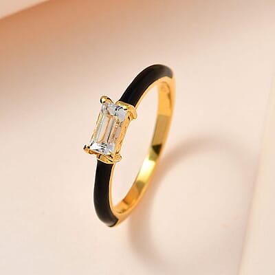 Premium White Topaz and Black Enameled Ring in Vermeil Yellow Gold Over Sterling Silver (Size 6.0) 0.50 ctw