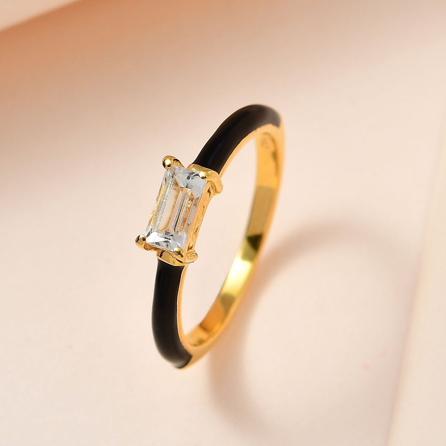 Premium White Topaz and Black Enameled Ring in Vermeil Yellow Gold Over Sterling Silver (Size 7.0) 0.50 ctw