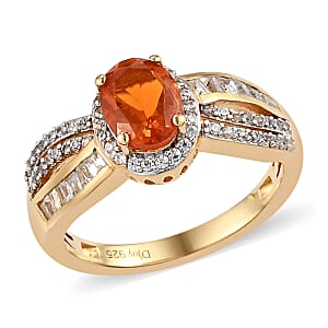 Crimson Fire Opal and White Zircon Ring in Vermeil Yellow Gold Over Sterling Silver (Size 10.0) 1.85 ctw