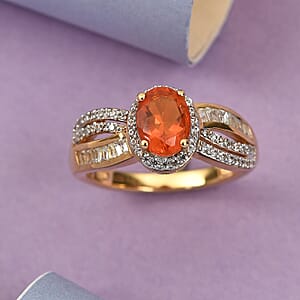 Crimson Fire Opal and White Zircon Ring in Vermeil Yellow Gold Over Sterling Silver (Size 10.0) 1.85 ctw