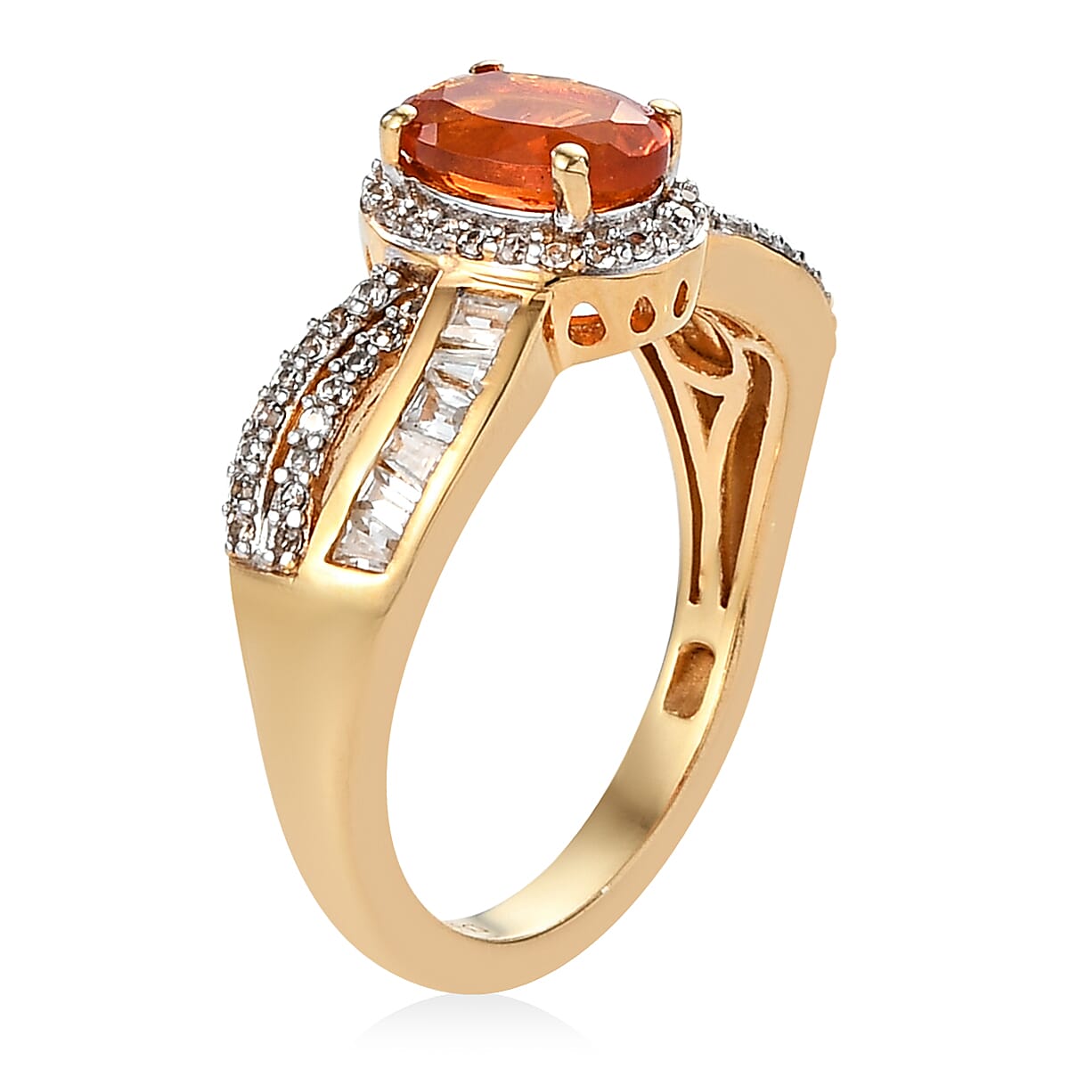 Crimson Fire Opal, White Zircon Ring in Vermeil YG Over Sterling Silver (Size 10.0) 1.85 ctw