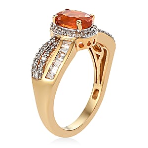 Crimson Fire Opal and White Zircon Ring in Vermeil Yellow Gold Over Sterling Silver (Size 10.0) 1.85 ctw