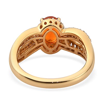 Crimson Fire Opal and White Zircon Ring in Vermeil Yellow Gold Over Sterling Silver (Size 10.0) 1.85 ctw
