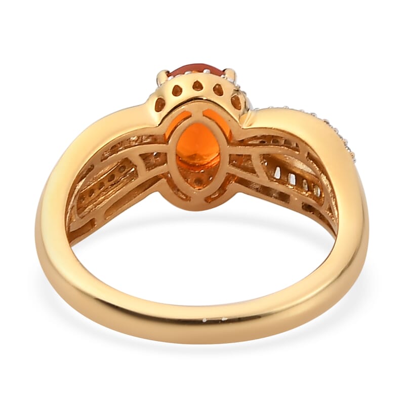 Crimson Fire Opal and White Zircon Ring in Vermeil Yellow Gold Over Sterling Silver (Size 10.0) 1.85 ctw
