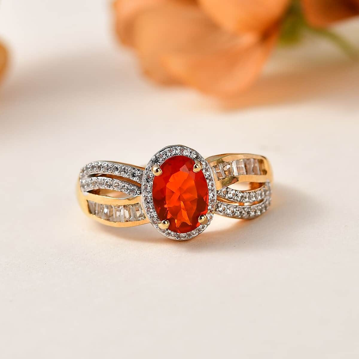 Crimson Fire Opal and White Zircon Ring in Vermeil Yellow Gold Over Sterling Silver (Size 7.0) 1.85 ctw image number 1