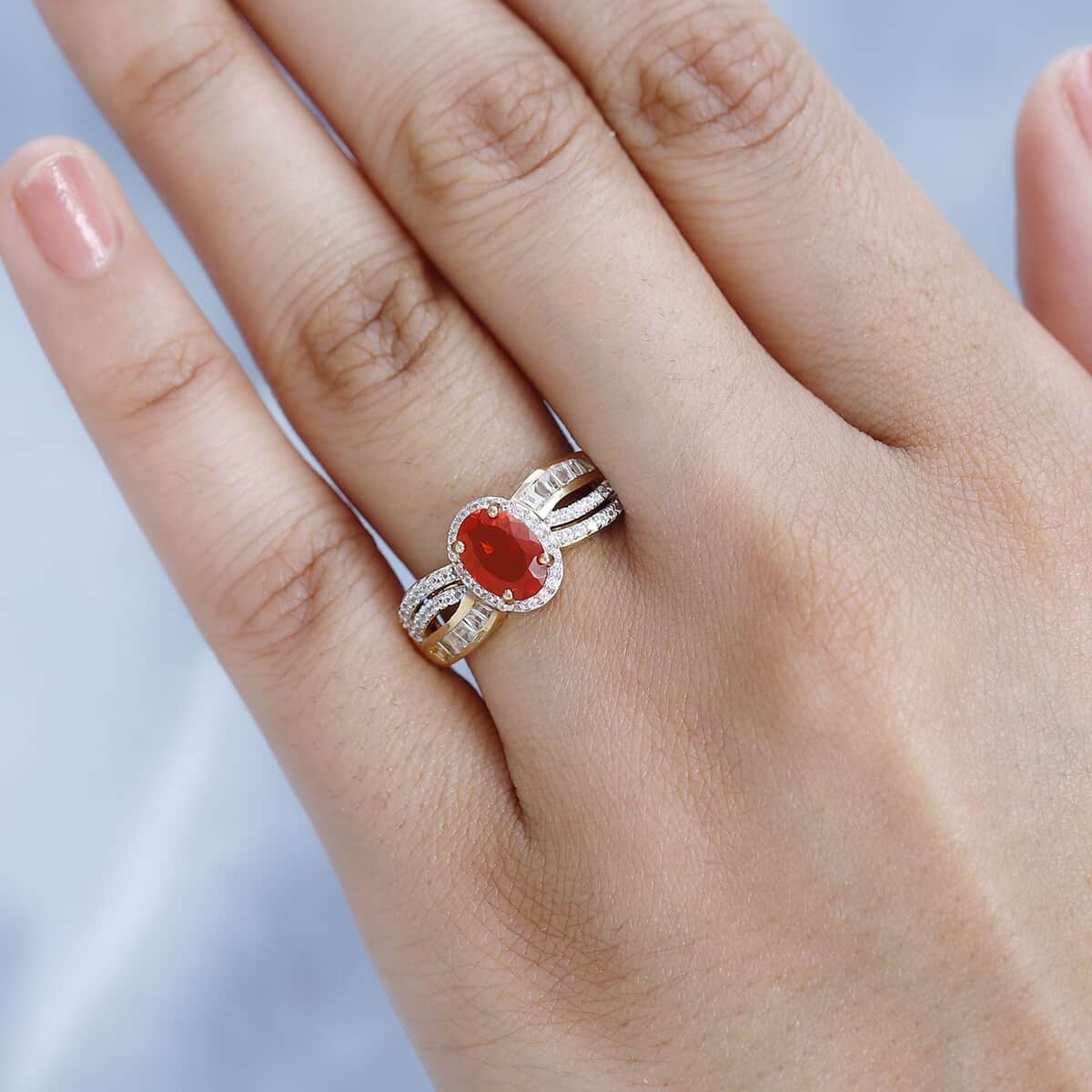 Crimson Fire Opal and White Zircon Ring in Vermeil Yellow Gold Over Sterling Silver (Size 7.0) 1.85 ctw image number 2