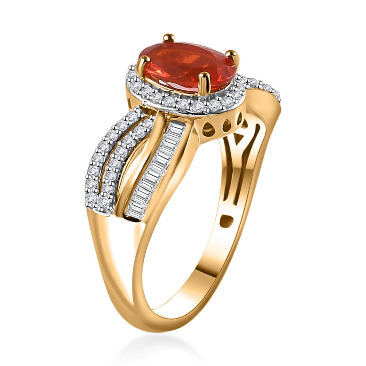 Crimson Fire Opal and White Zircon Ring in Vermeil Yellow Gold Over Sterling Silver (Size 7.0) 1.85 ctw image number 3
