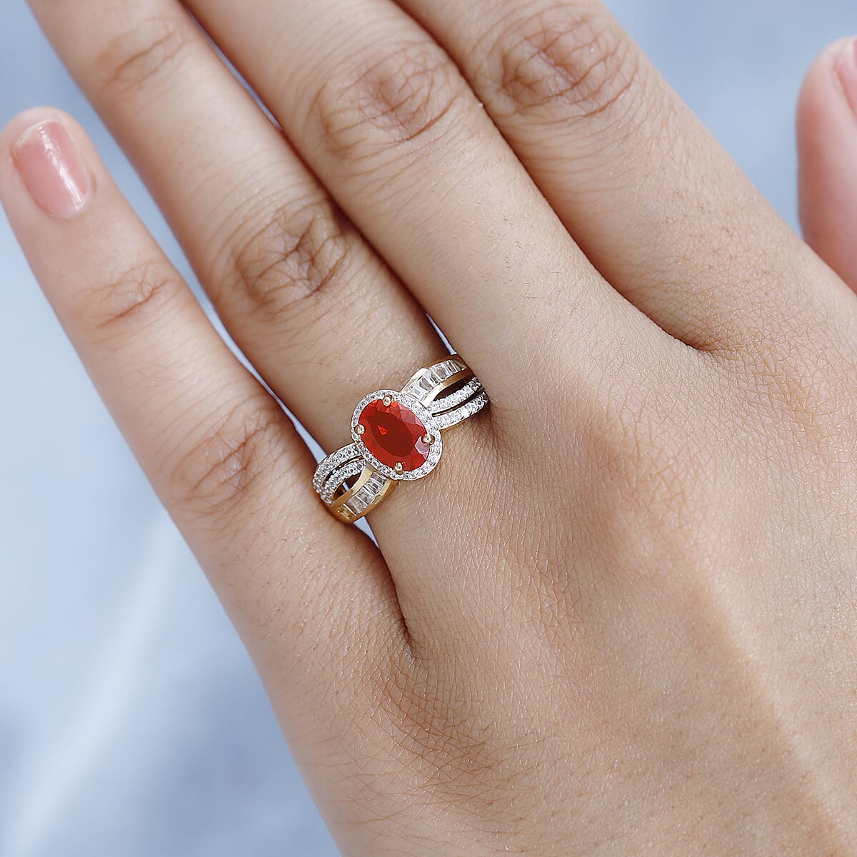 Crimson Fire Opal and White Zircon Ring in Vermeil Yellow Gold Over Sterling Silver (Size 9.0) 1.85 ctw image number 2