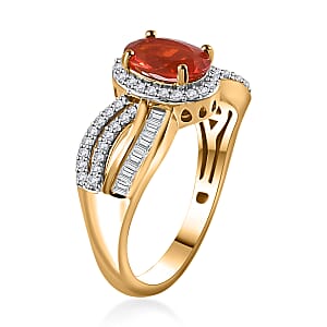Crimson Fire Opal and White Zircon Ring in Vermeil Yellow Gold Over Sterling Silver (Size 9.0) 1.85 ctw