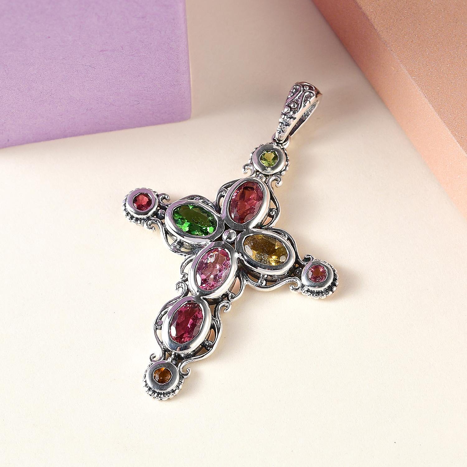 Artisan Crafted Multi-Tourmaline Cross Pendant in Sterling Silver 2.40 ctw