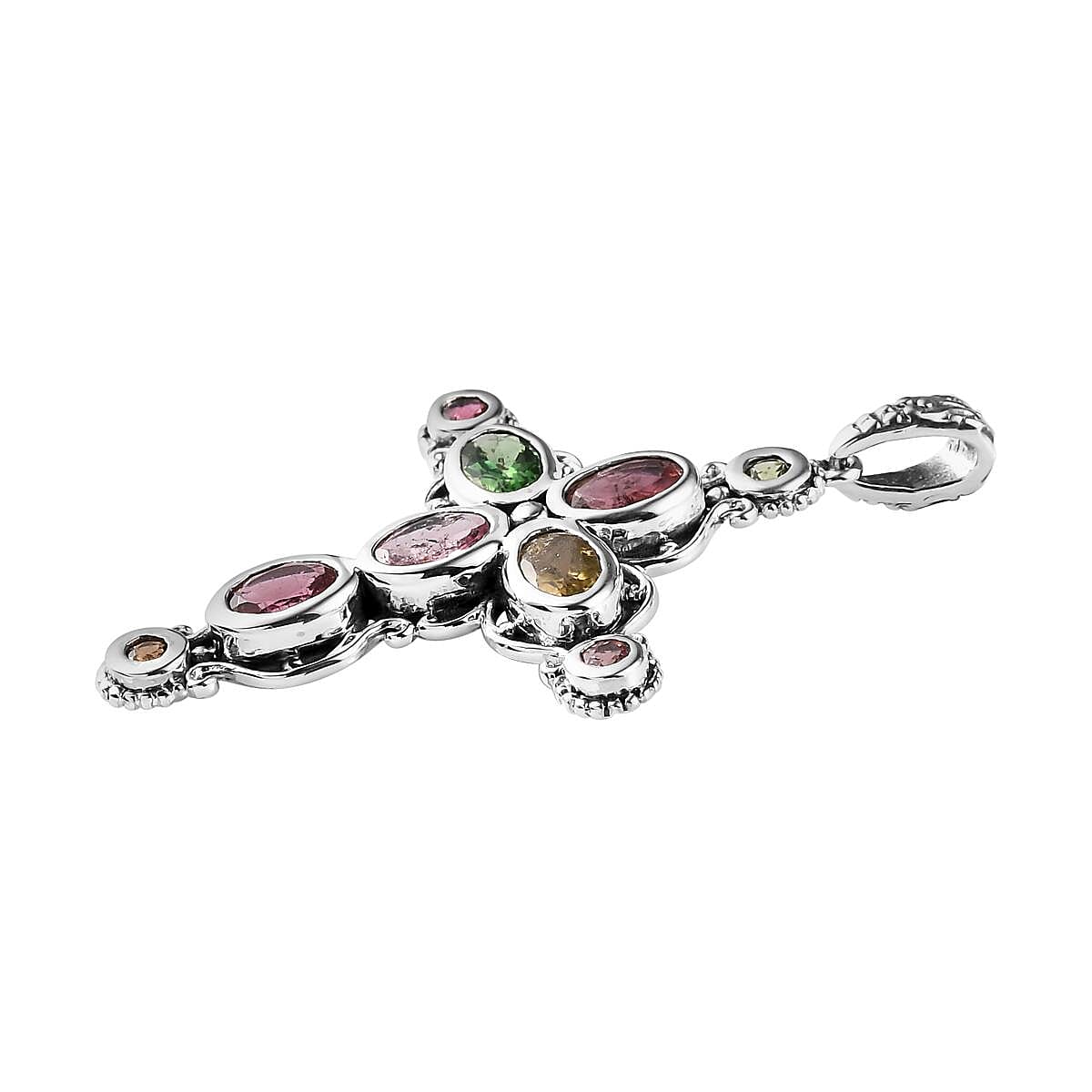 Artisan Crafted Multi-Tourmaline Cross Pendant in Sterling Silver 2.40 ctw