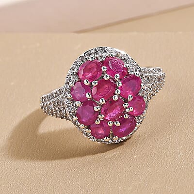 African Ruby and White Zircon 3.49 ctw Ring in Platinum Over Sterling Silver (Size 10.0)