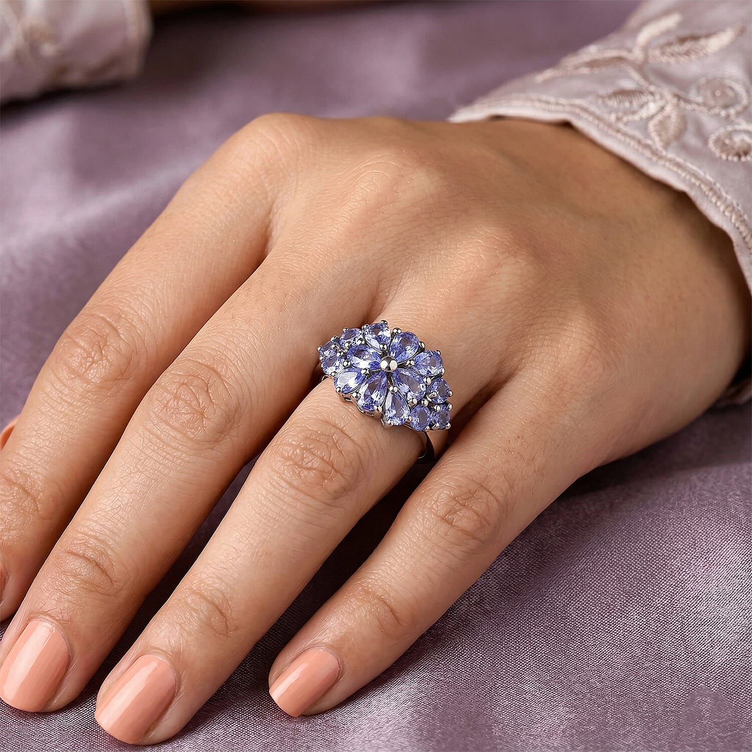 Tanzanite 1.80 ctw Cluster Ring in Platinum Over Sterling Silver (Size 5.5)