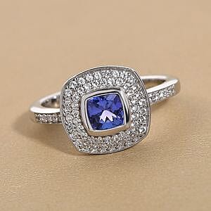 Tanzanite and White Zircon 0.76 ctw Ring in Platinum Over Sterling Silver (Size 5.5)