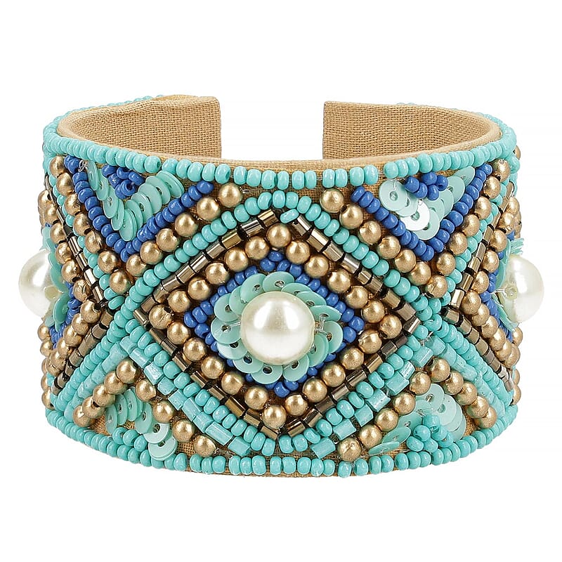 Turquoise Glass Seed Beaded Cuff Bracelet in Goldtone