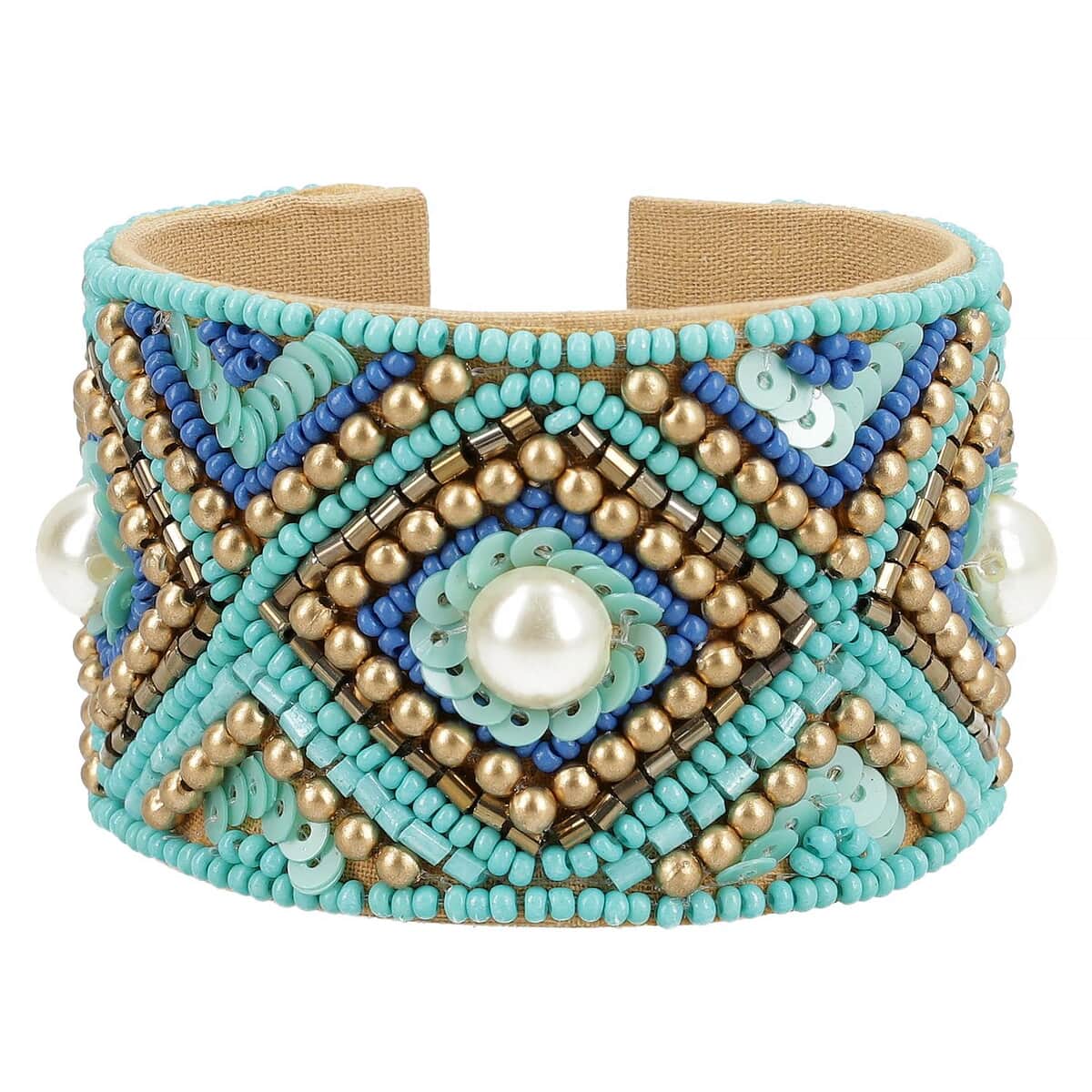 Turquoise Glass Seed Beaded Cuff Bracelet in Goldtone image number 0