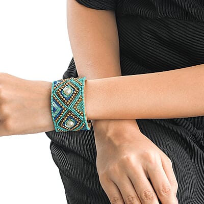 Turquoise Glass Seed Beaded Cuff Bracelet in Goldtone