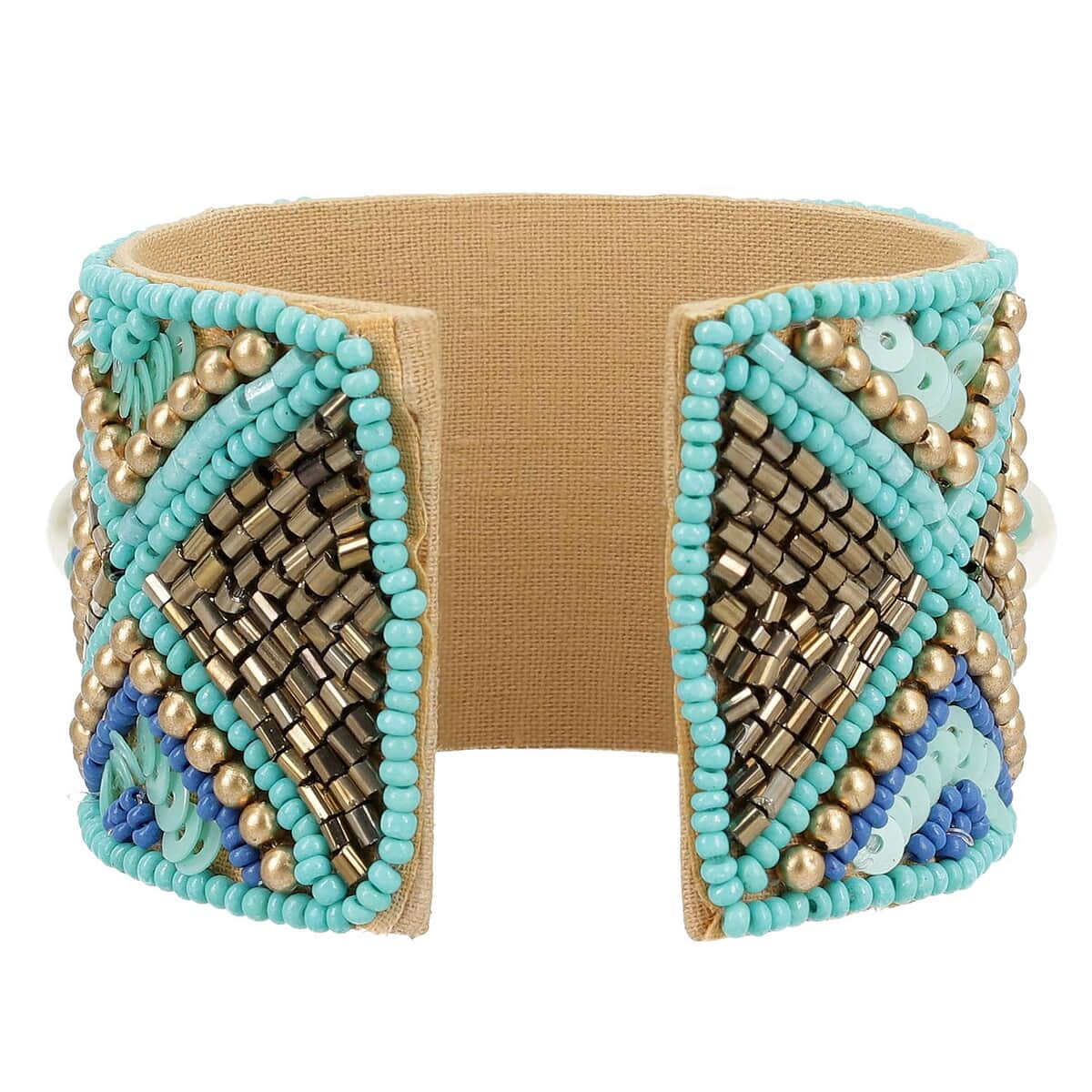 Turquoise Glass Seed Beaded Cuff Bracelet in Goldtone image number 2