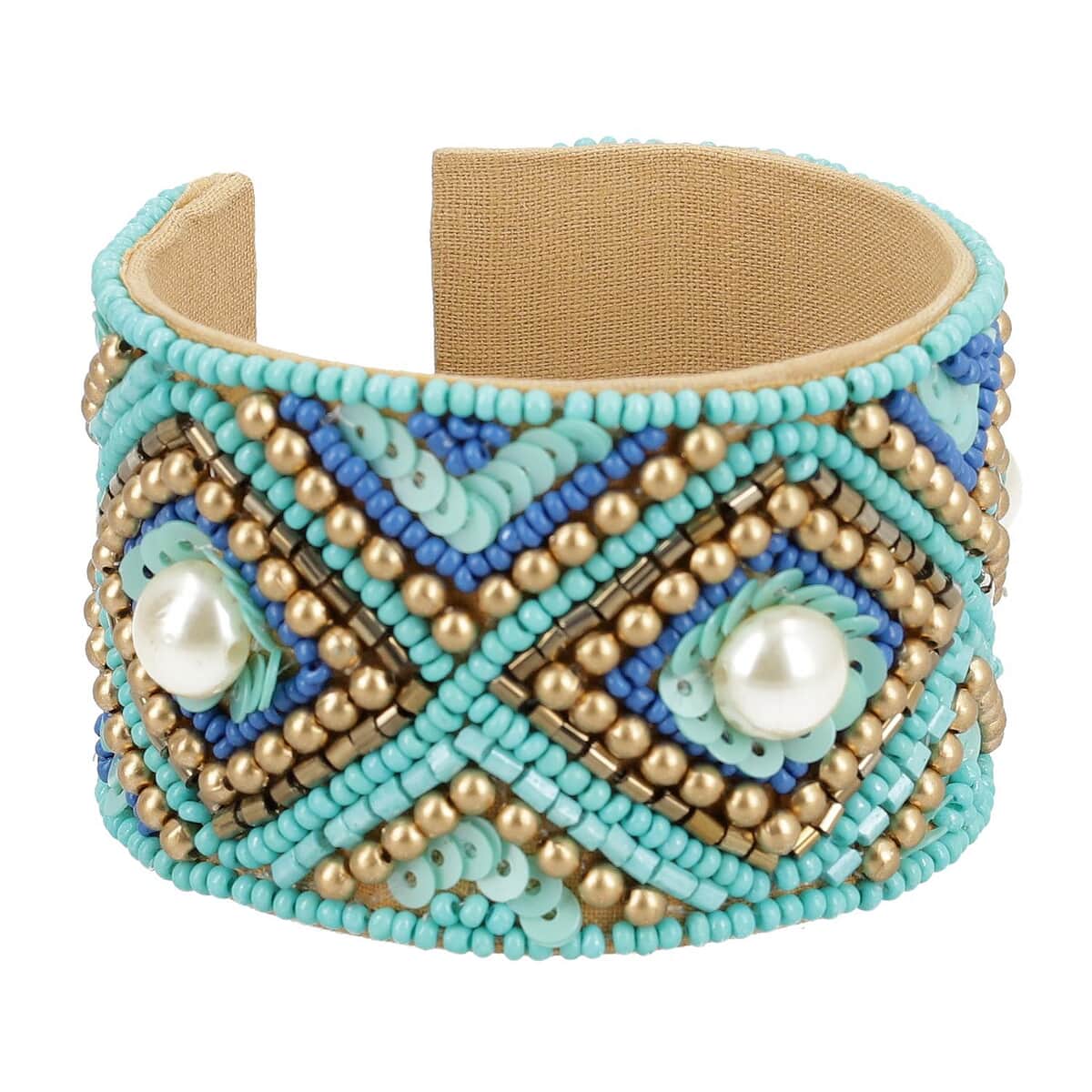 Turquoise Glass Seed Beaded Cuff Bracelet in Goldtone image number 3