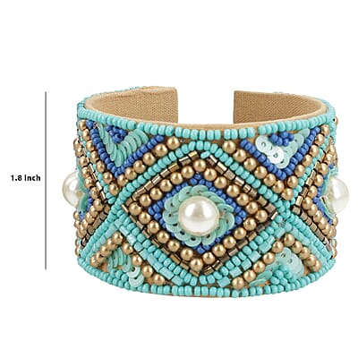 Turquoise Glass Seed Beaded Cuff Bracelet in Goldtone