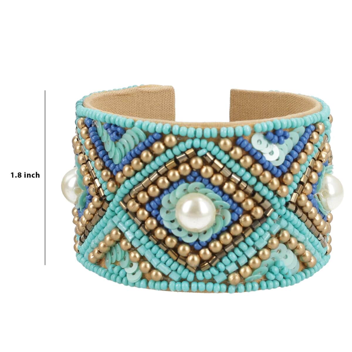 Turquoise Glass Seed Beaded Cuff Bracelet in Goldtone image number 4