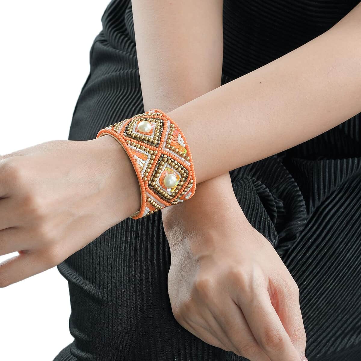 Orange Glass Seed Beaded Geometric Cuff Bracelet in Goldtone image number 1
