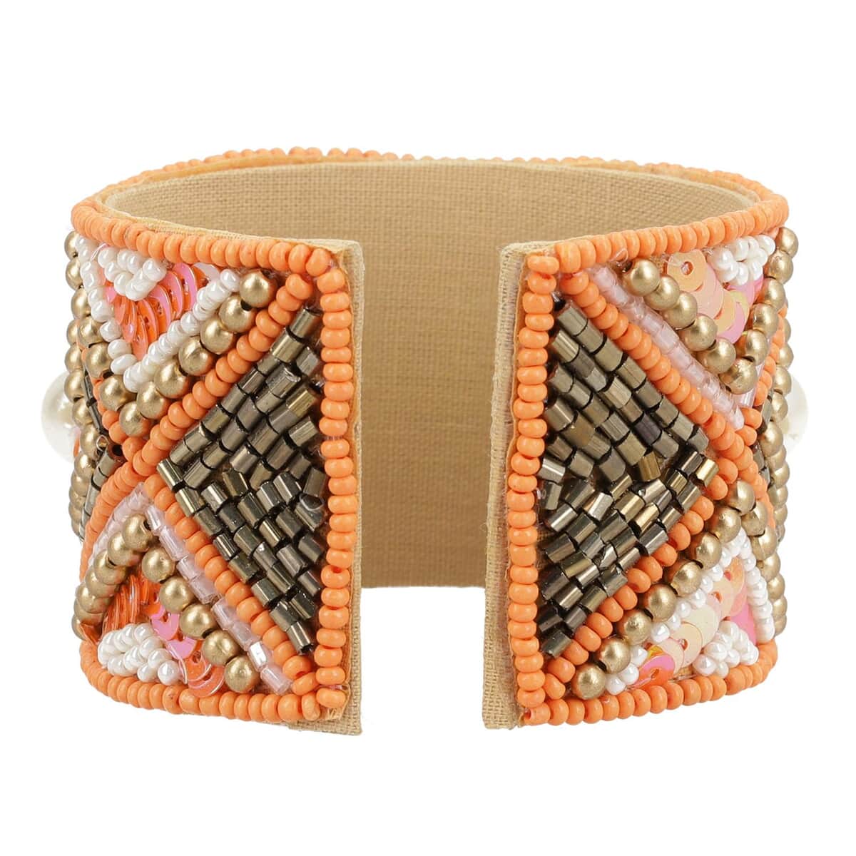 Orange Glass Seed Beaded Geometric Cuff Bracelet in Goldtone image number 3