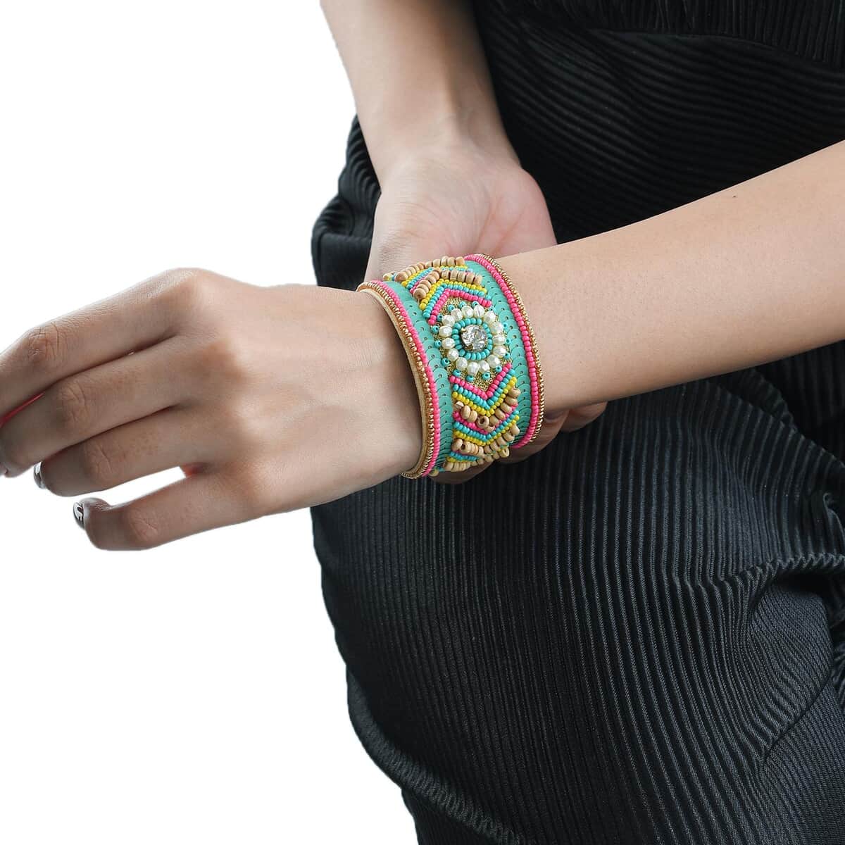Multi Color Glass Seed Beaded Floral Cuff Bracelet in Goldtone image number 1