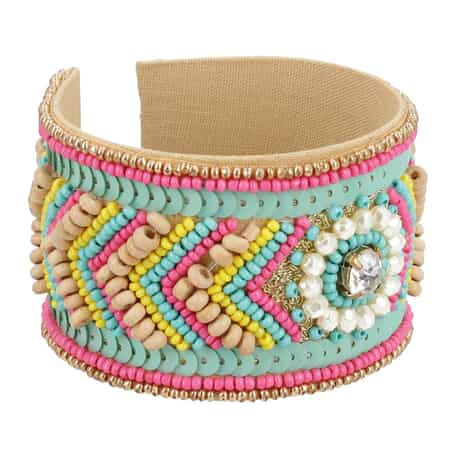 Multi Color Glass Seed Beaded Floral Cuff Bracelet in Goldtone image number 2