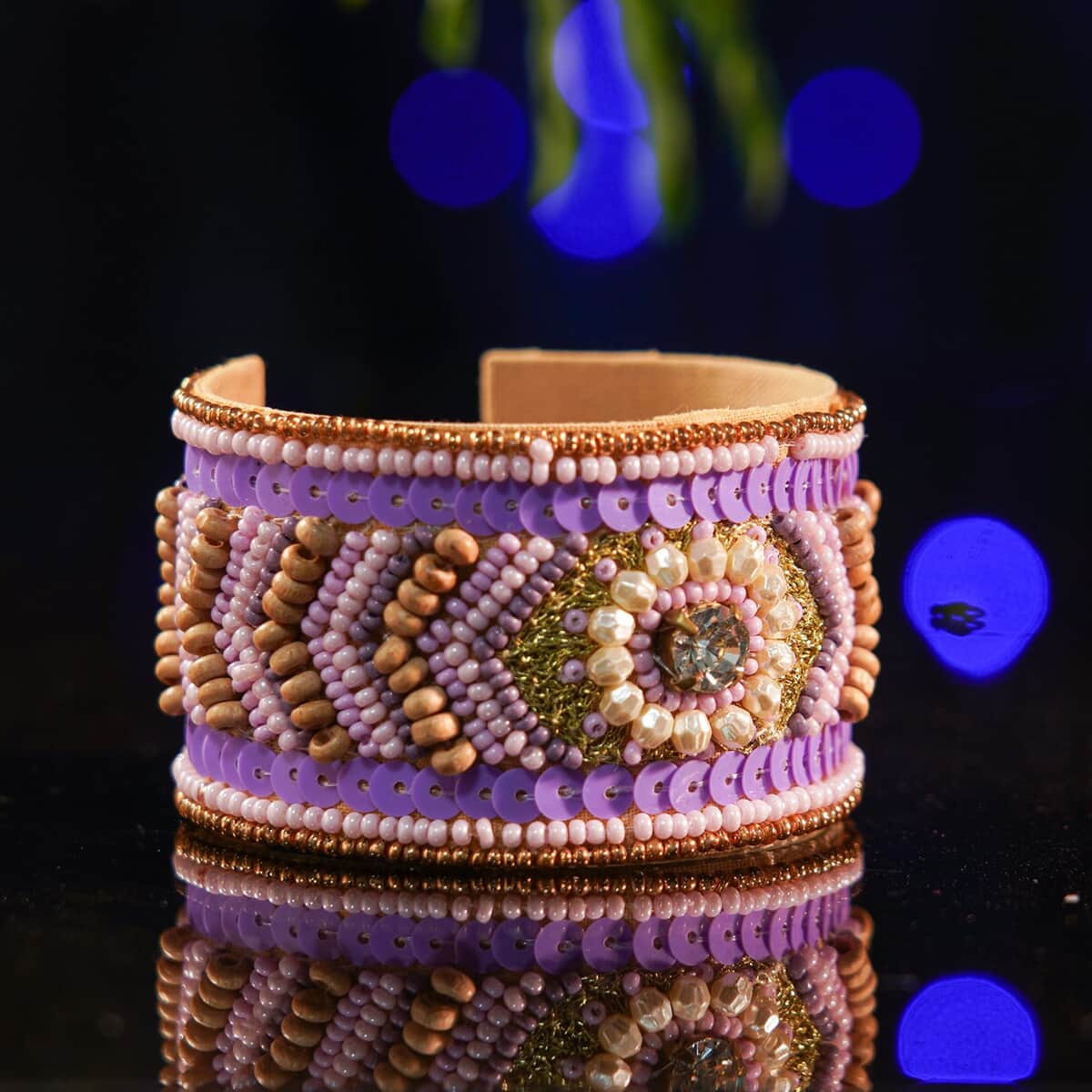 Handcrafted Purple Glass Seed Beaded Cuff Bracelet (Adjustable) image number 1