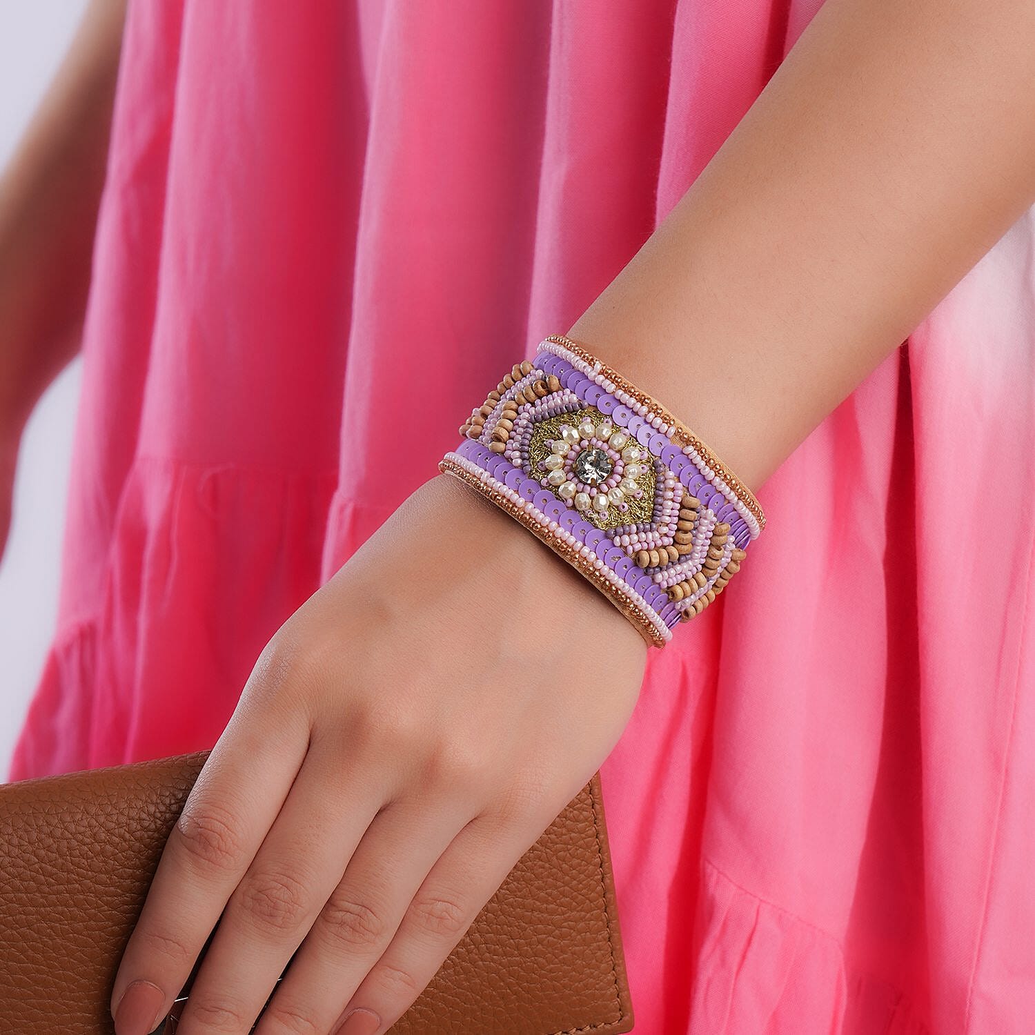 Handcrafted Purple Glass Seed Beaded Cuff Bracelet (Adjustable)