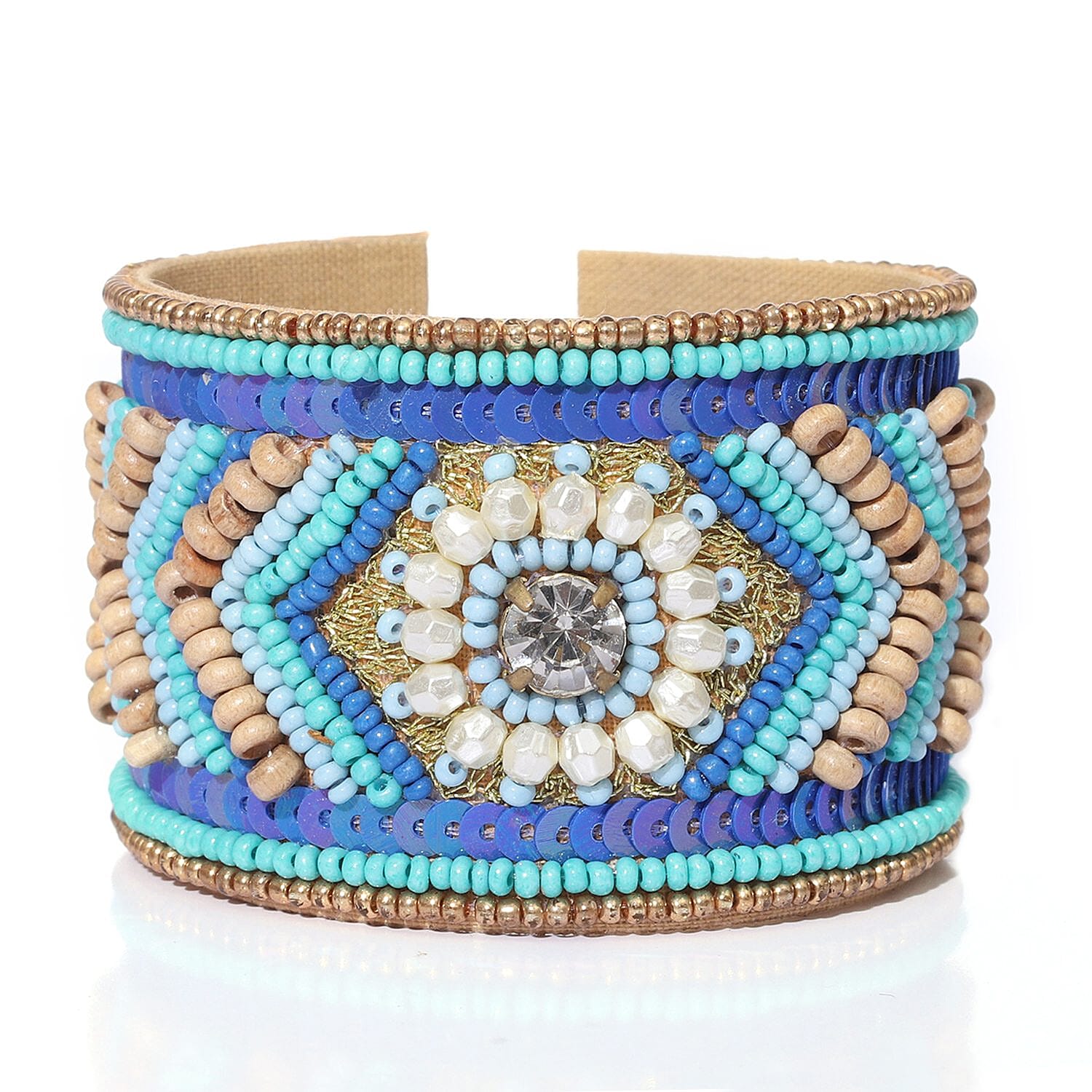 Handcrafted Turquoise Glass Seed Beaded Cuff Bracelet (Adjustable)
