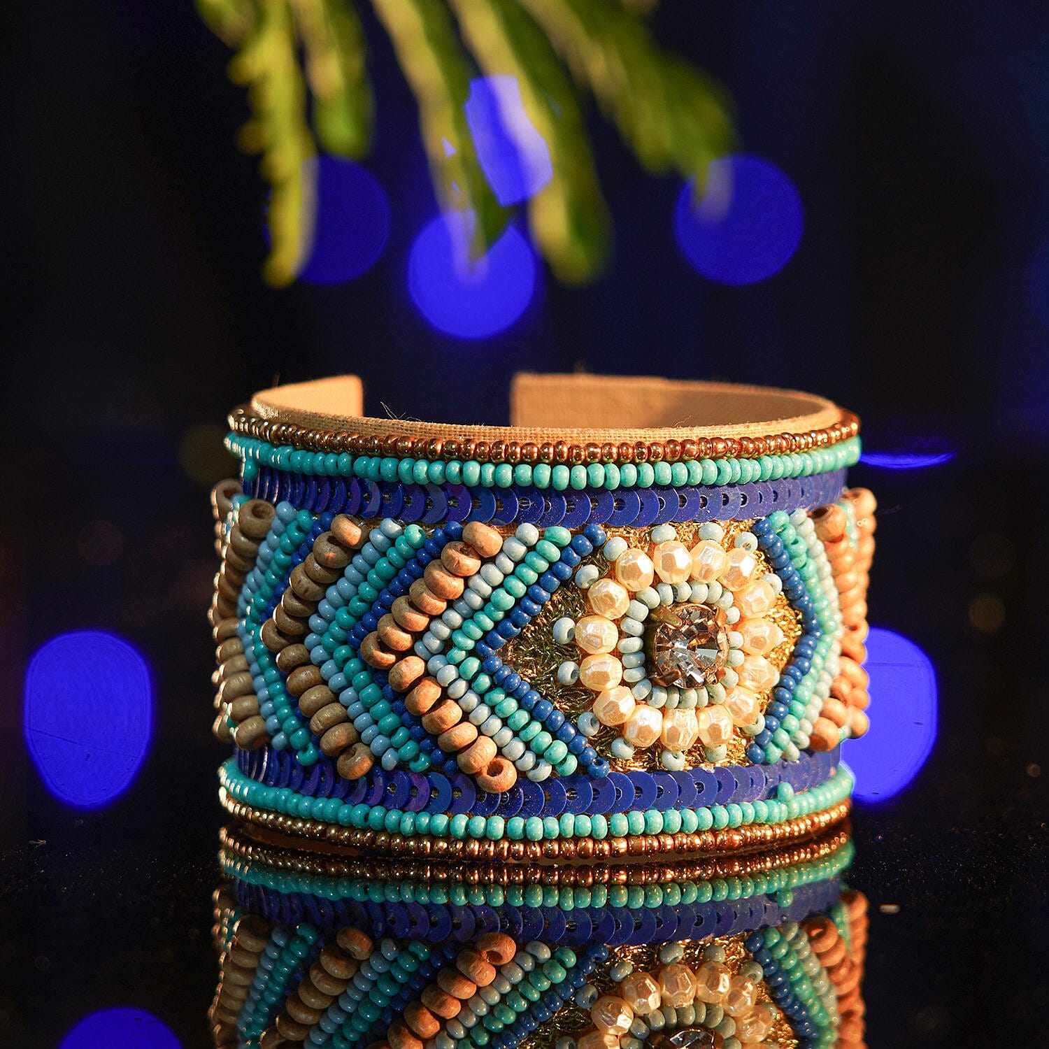 Handcrafted Turquoise Glass Seed Beaded Cuff Bracelet (Adjustable)