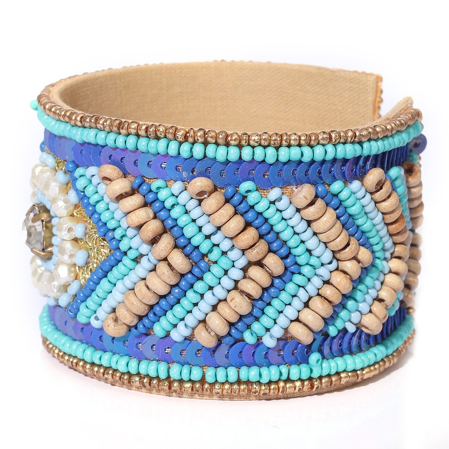 Handcrafted Turquoise Glass Seed Beaded Cuff Bracelet (Adjustable)