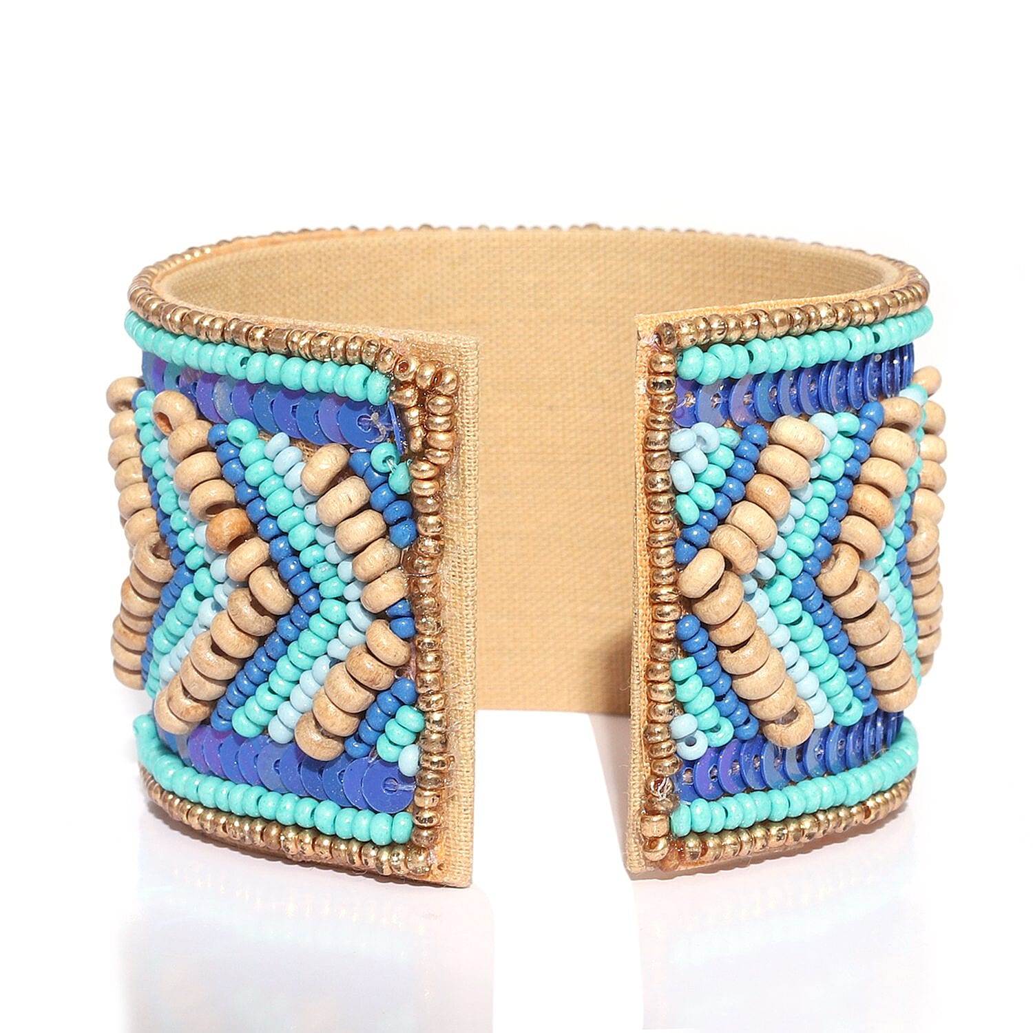 Handcrafted Turquoise Glass Seed Beaded Cuff Bracelet (Adjustable)