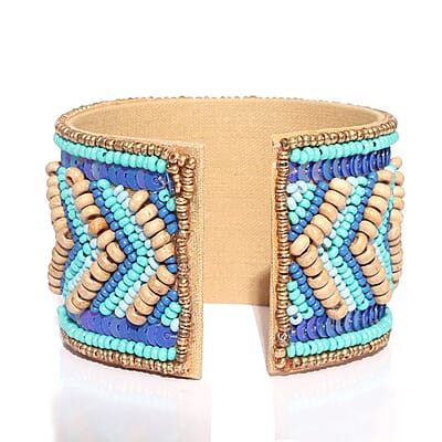Handcrafted Turquoise Glass Seed Beaded Cuff Bracelet (Adjustable)