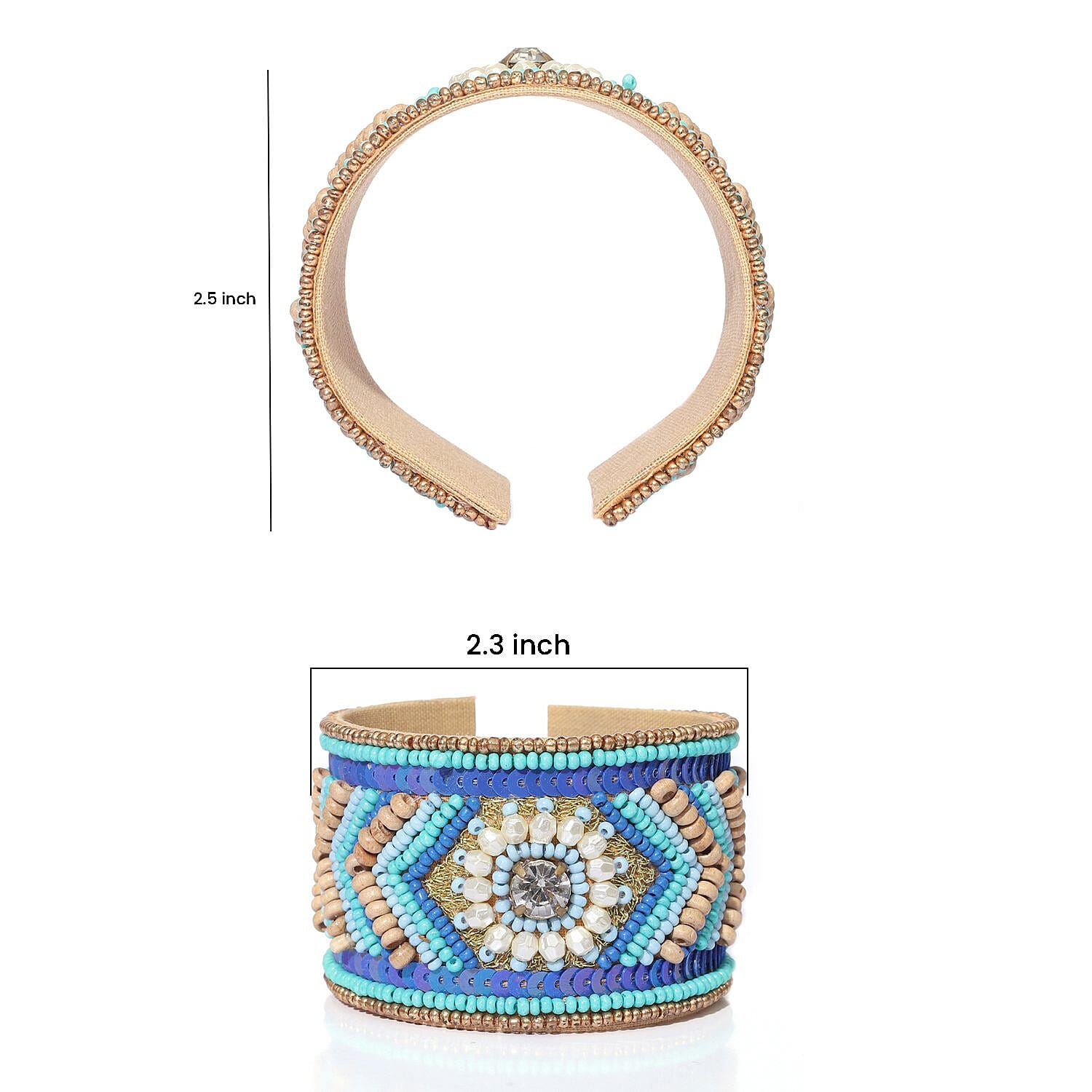 Handcrafted Turquoise Glass Seed Beaded Cuff Bracelet (Adjustable)