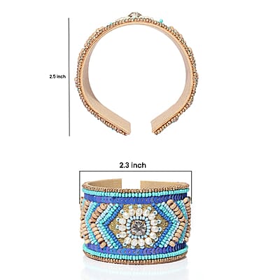 Handcrafted Turquoise Glass Seed Beaded Cuff Bracelet (Adjustable)