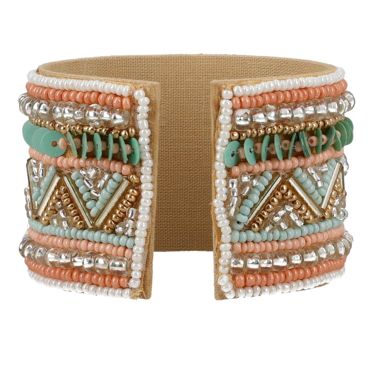 Peach Glass Seed Beaded Chevron Cuff Bracelet in Goldtone image number 3