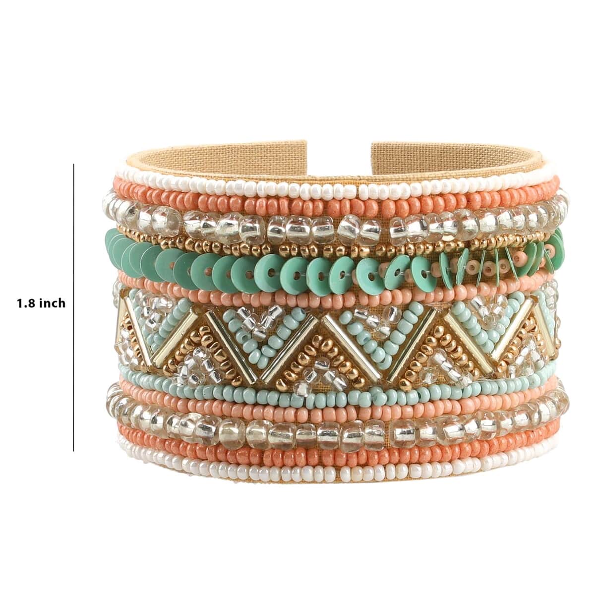 Peach Glass Seed Beaded Chevron Cuff Bracelet in Goldtone image number 4