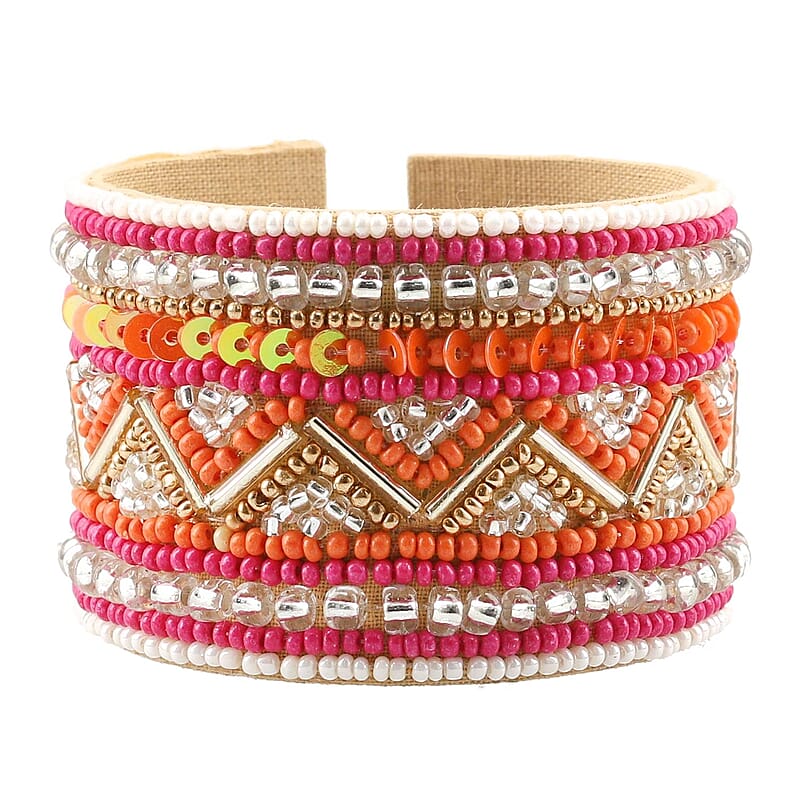 Orange Glass Seed Beaded Chevron Cuff Bracelet in Goldtone