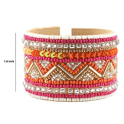 Orange Glass Seed Beaded Chevron Cuff Bracelet in Goldtone