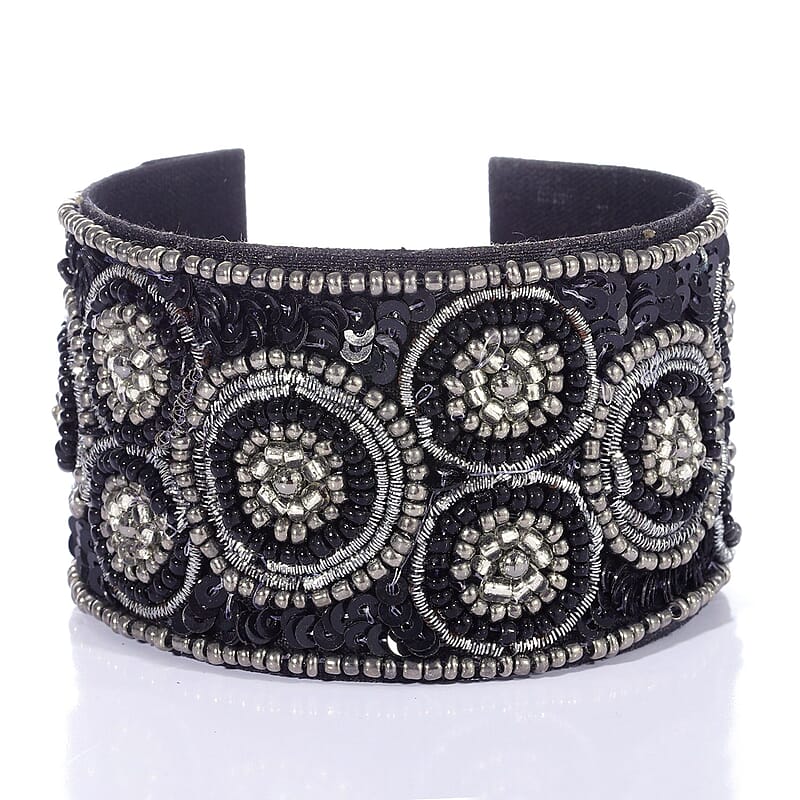 Handcrafted Black Glass Seed Beaded Cuff Bracelet (Adjustable)