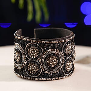 Handcrafted Black Glass Seed Beaded Cuff Bracelet (Adjustable)