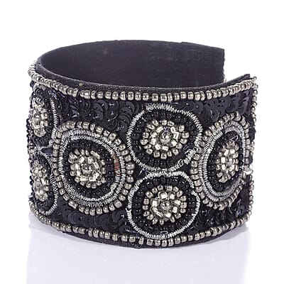 Handcrafted Black Glass Seed Beaded Cuff Bracelet (Adjustable)