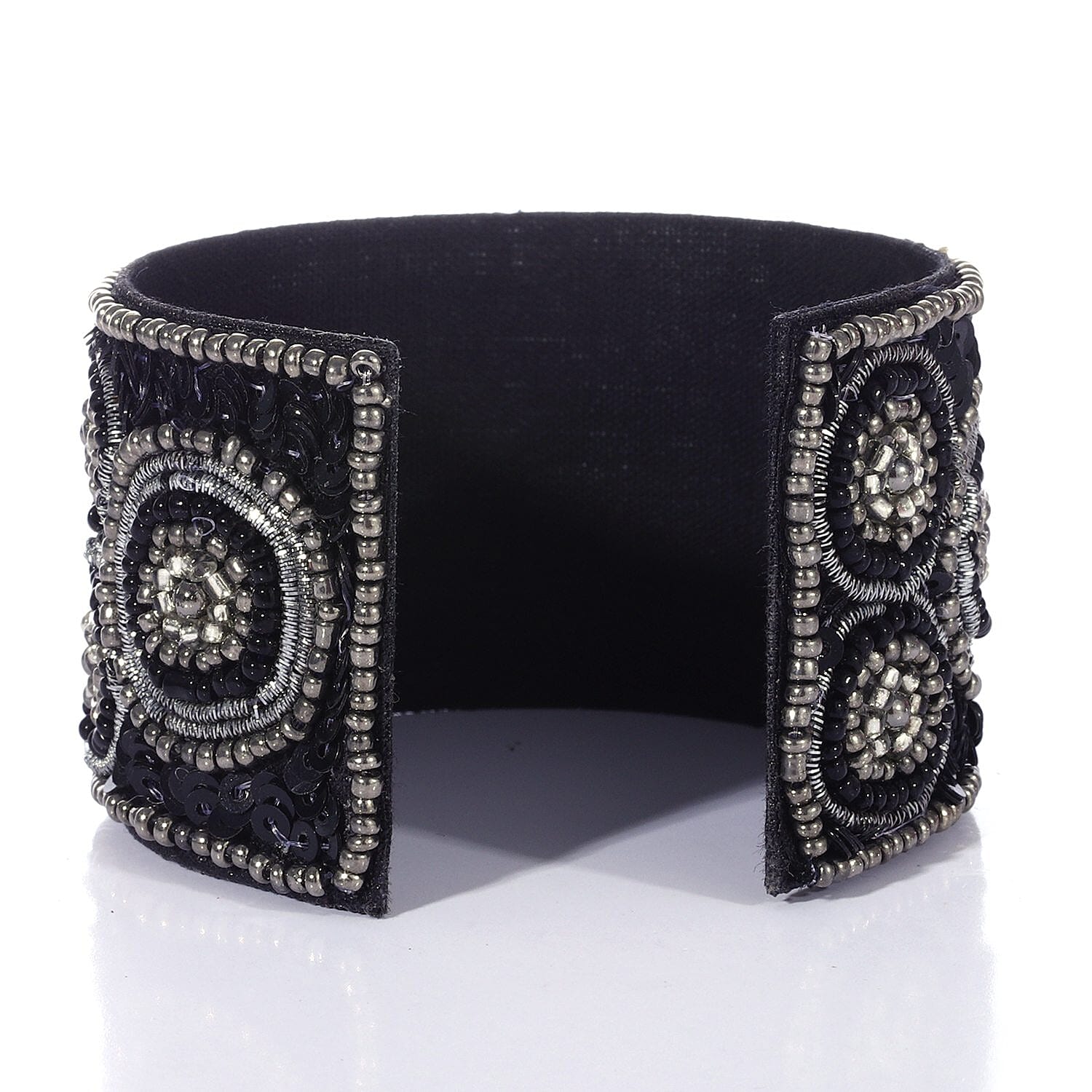 Handcrafted Black Glass Seed Beaded Cuff Bracelet (Adjustable)
