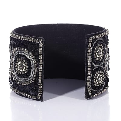 Handcrafted Black Glass Seed Beaded Cuff Bracelet (Adjustable)
